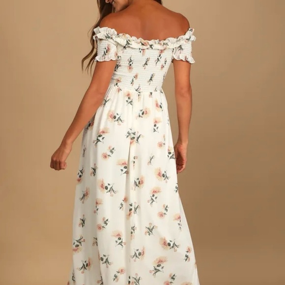 Lulu's White smocked Ruffled Off-Shoulder Maxi Dress floral romantic boho - Picture 2 of 11